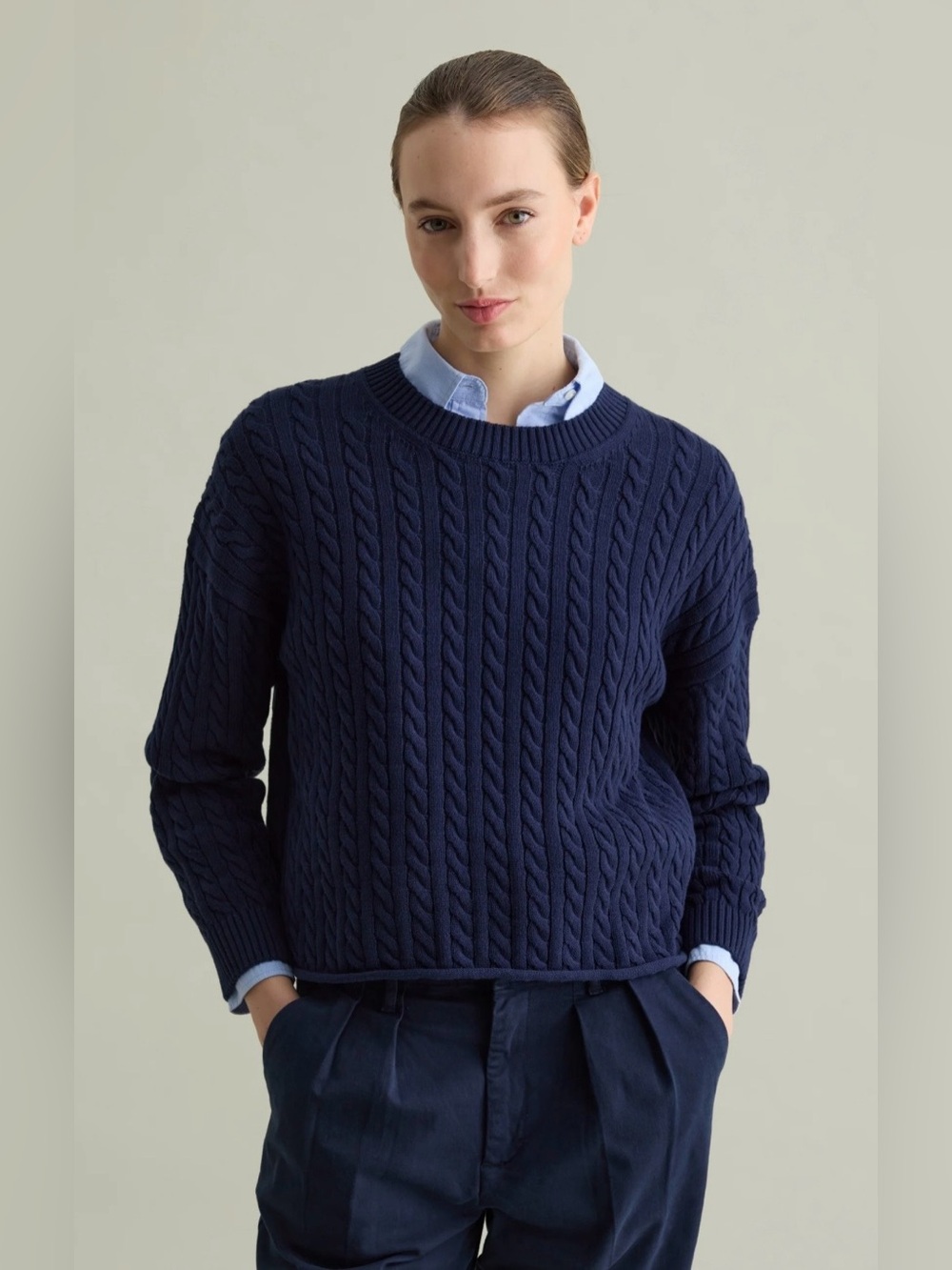 Piombo Navy cotton Cable Knit sweater. Womens Size small rolled hem